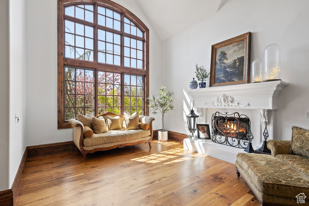 Living area featuring baseboards, high vaulted ceiling, and plenty of natural light