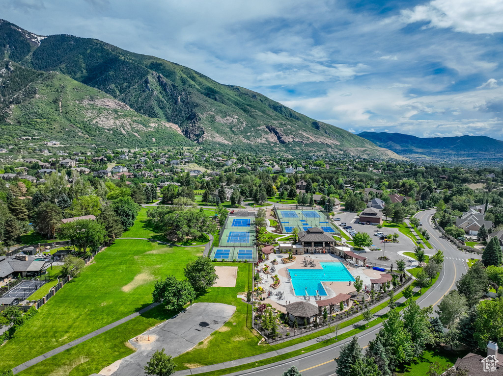 Drone / aerial view of a pool and mountains