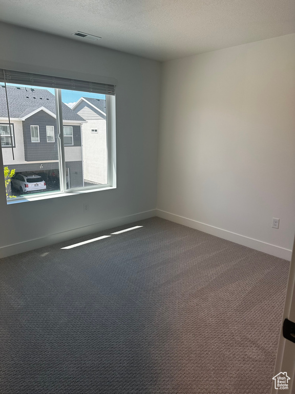 Carpeted empty room with baseboards and a textured ceiling