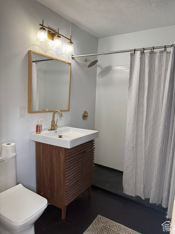 Full bathroom featuring vanity, a textured ceiling, a shower with shower curtain, and toilet