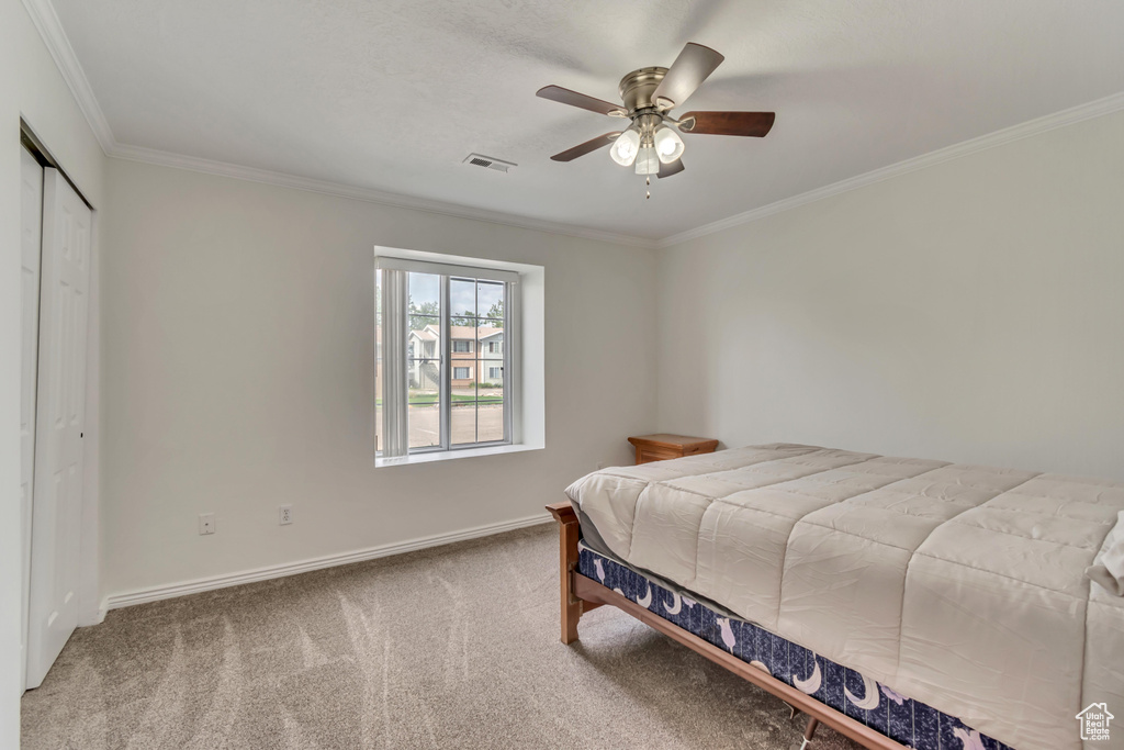 Carpeted bedroom with ornamental molding, baseboards, a closet, and ceiling fan