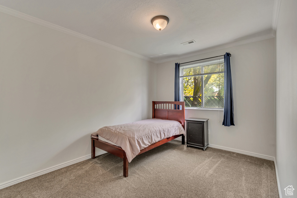 Carpeted bedroom with ornamental molding and baseboards