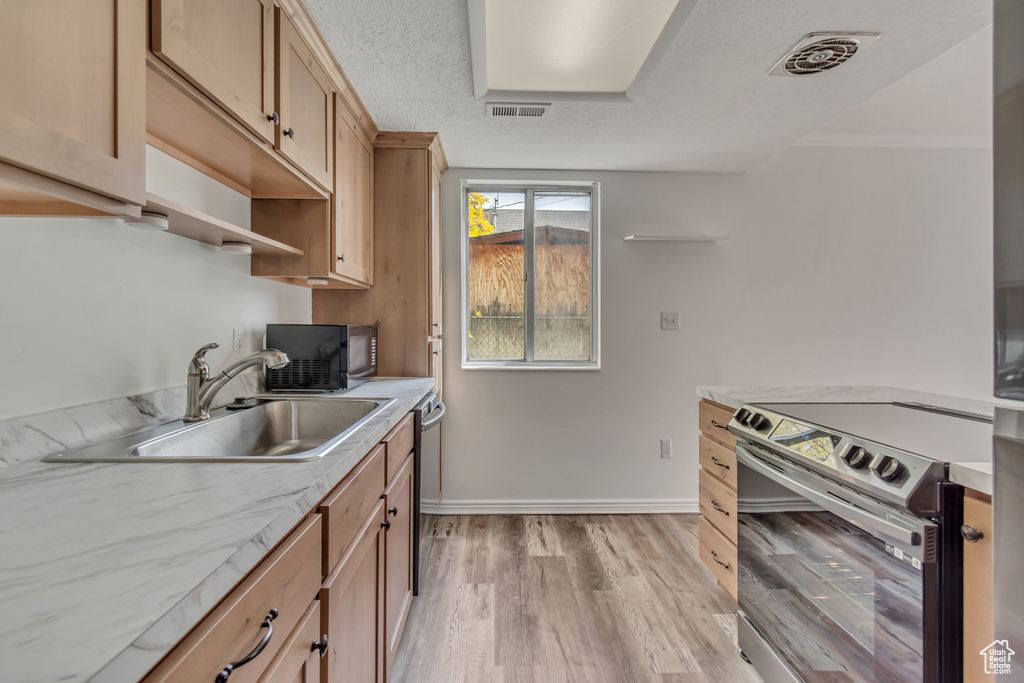 Kitchen featuring appliances with stainless steel finishes, a sink, baseboards, light brown cabinetry, and light wood-style flooring