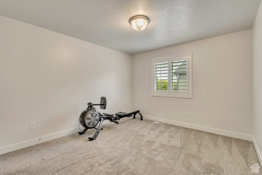 Workout area with carpet flooring, baseboards, and a textured ceiling