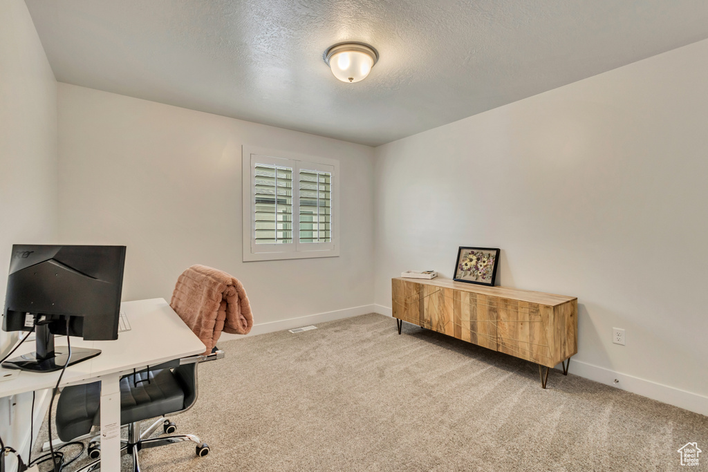 Carpeted office space featuring baseboards and a textured ceiling