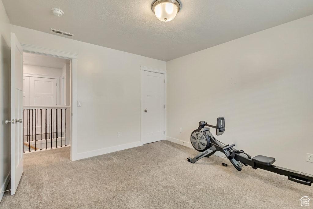 Exercise area featuring carpet, baseboards, and a textured ceiling