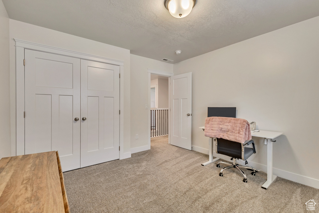 Carpeted home office featuring baseboards and a textured ceiling