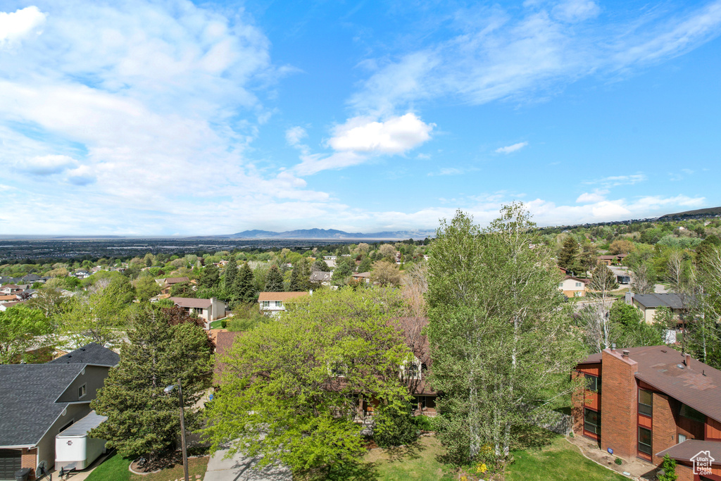 Aerial perspective of suburban area featuring a mountainous background