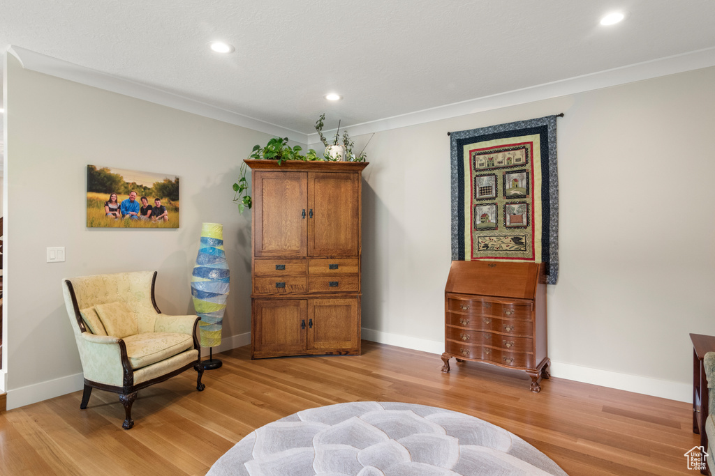 Living area with light wood finished floors, recessed lighting, baseboards, and ornamental molding