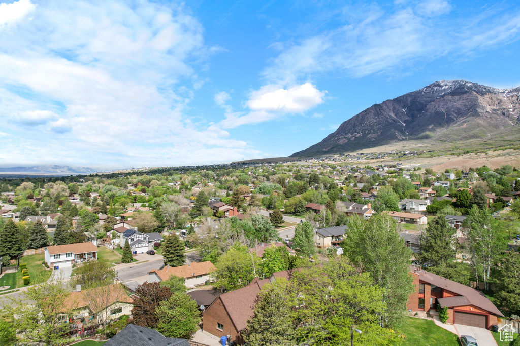 Aerial view of residential area with mountains