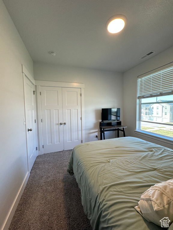 Carpeted bedroom featuring a closet, visible vents, and baseboards