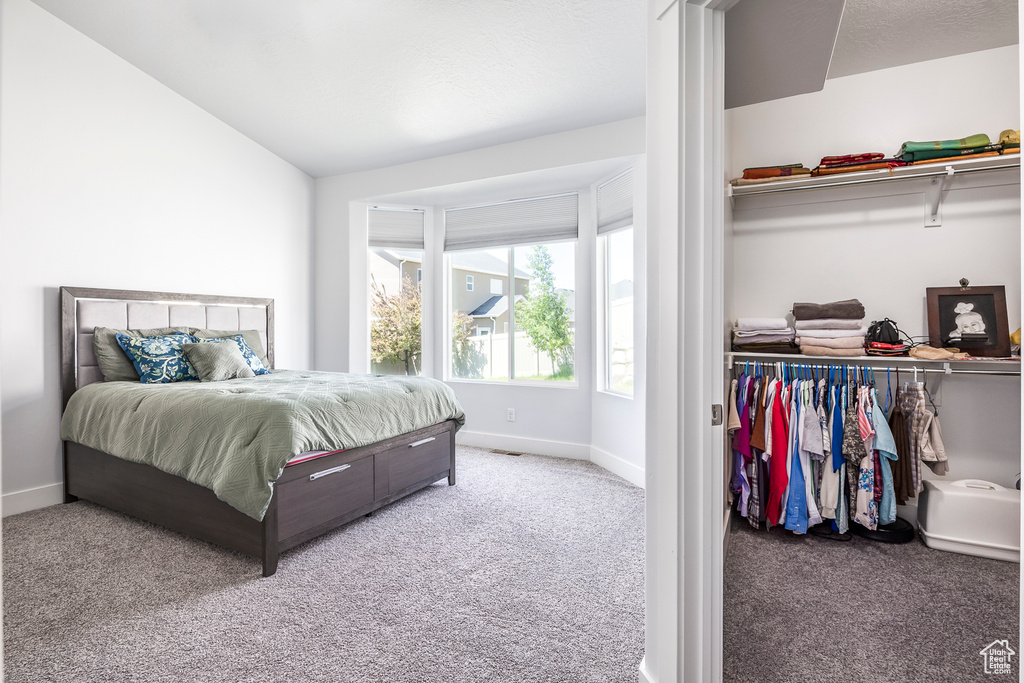 Bedroom featuring carpet flooring, baseboards, and a closet