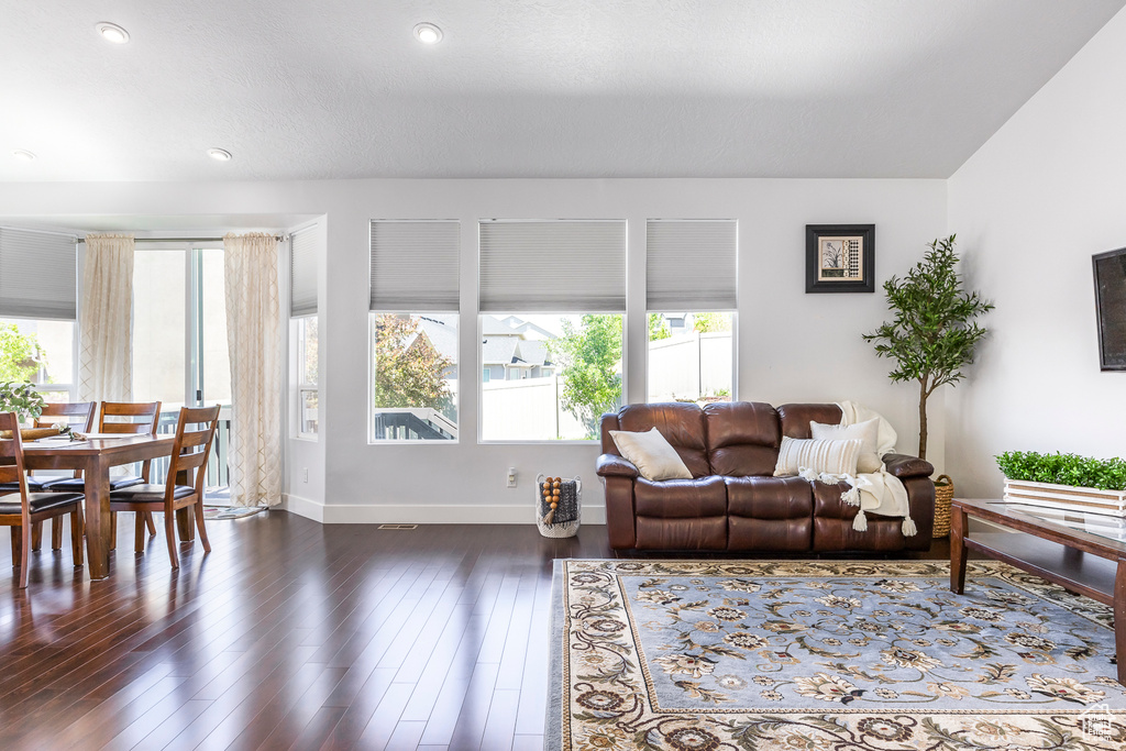 Living area with dark wood-style flooring, baseboards, and recessed lighting