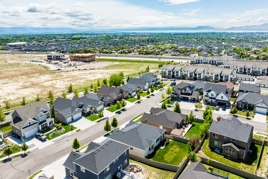 Aerial perspective of suburban area with mountains