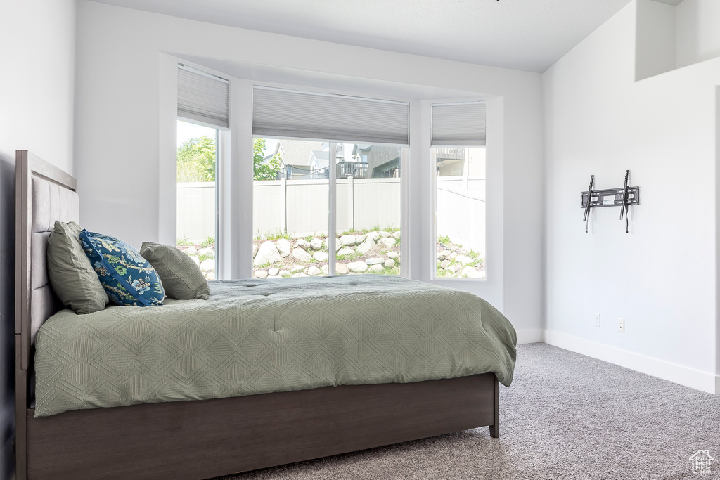 Carpeted bedroom with multiple windows and baseboards