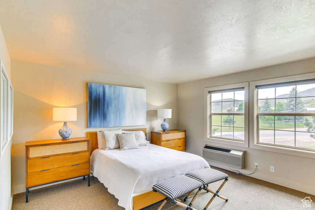 Bedroom featuring a wall mounted air conditioner, carpet flooring, baseboards, and multiple windows
