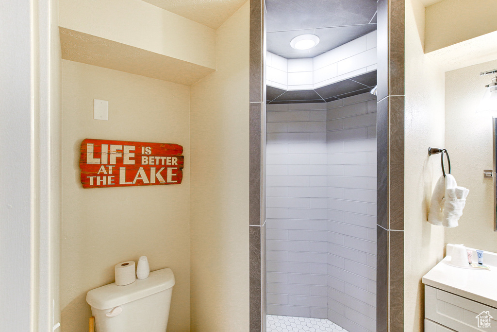 Bathroom featuring vanity, toilet, and a shower stall