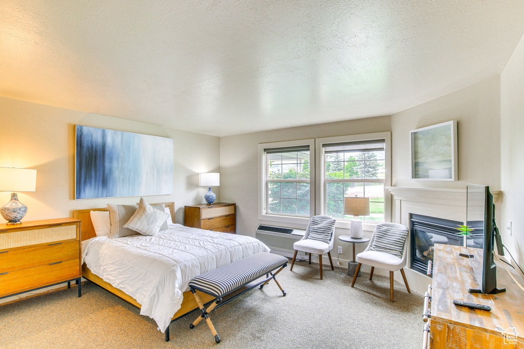 Bedroom with carpet floors and a glass covered fireplace