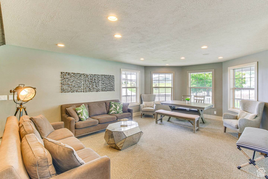 Carpeted living room featuring baseboards, recessed lighting, and a textured ceiling