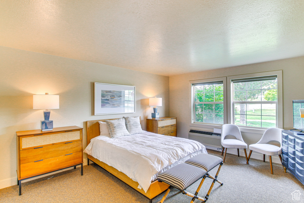 Carpeted bedroom featuring a wall unit AC