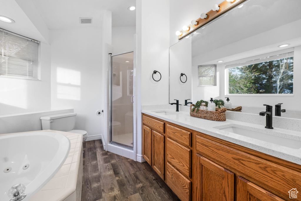 Bathroom with wood finished floors, a shower stall, a whirlpool tub, double vanity, and recessed lighting