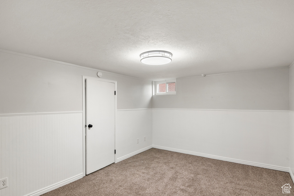 Below grade area with carpet and a textured ceiling