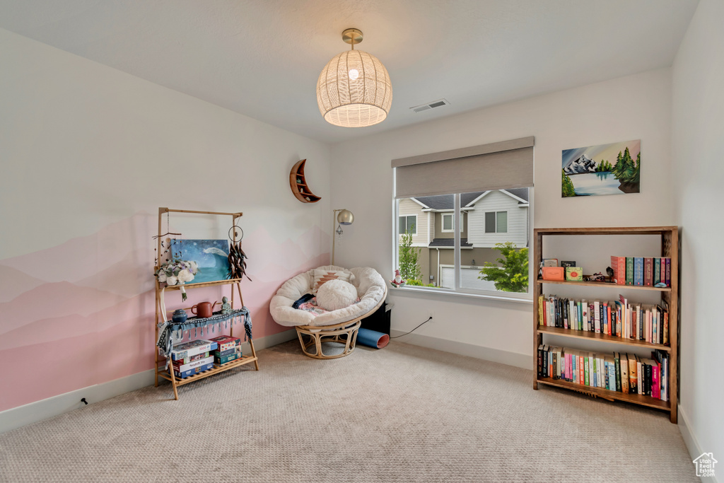 Recreation room with visible vents, baseboards, and carpet floors