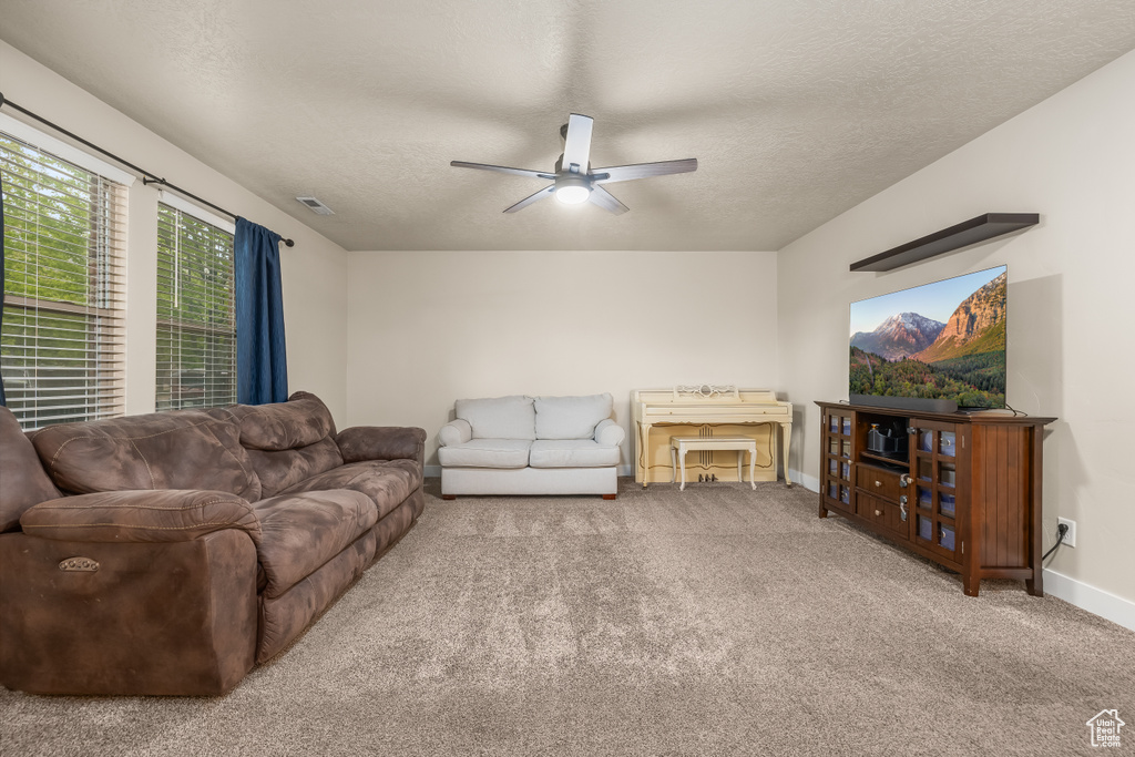 Carpeted living room with a ceiling fan, baseboards, and a textured ceiling