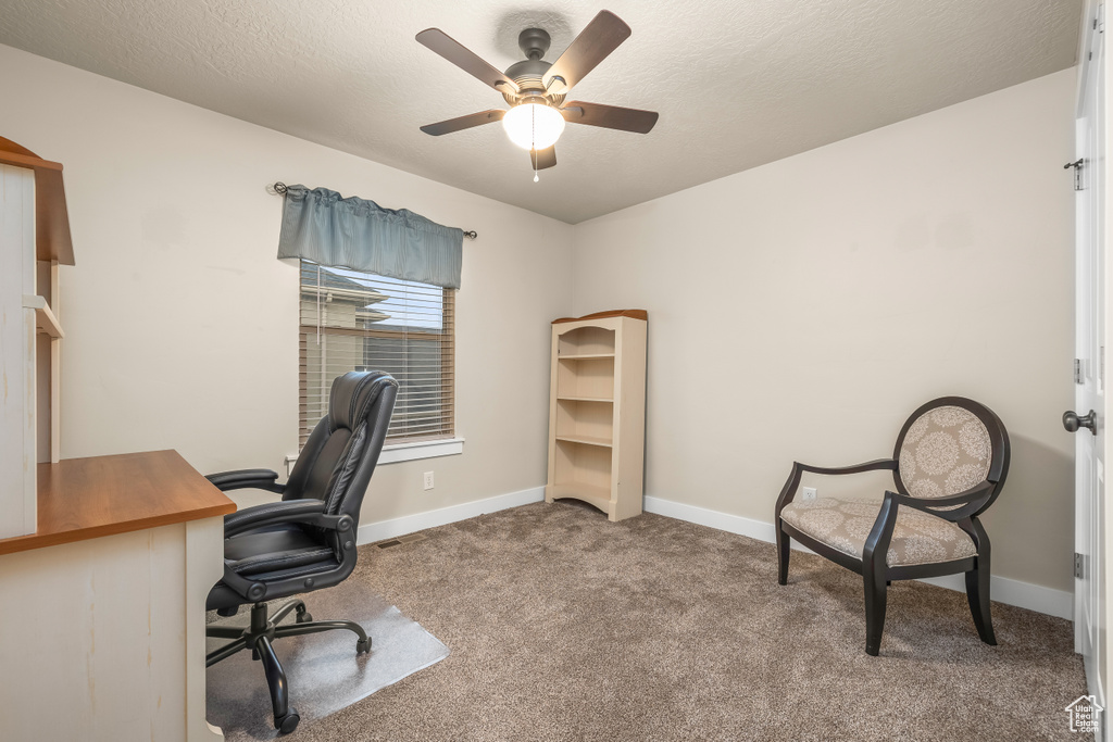Office space with carpet floors, a ceiling fan, and baseboards