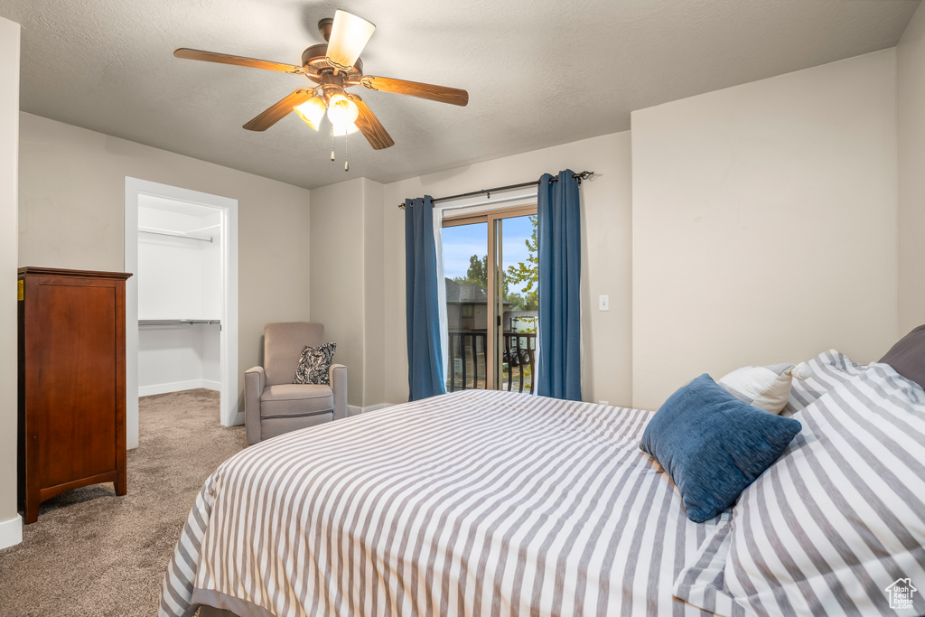 Carpeted bedroom with access to exterior, a walk in closet, baseboards, and ceiling fan