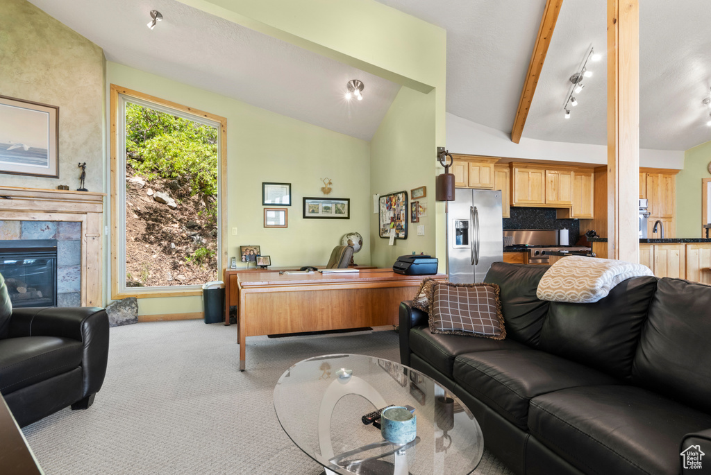 Living room featuring light colored carpet and a premium fireplace
