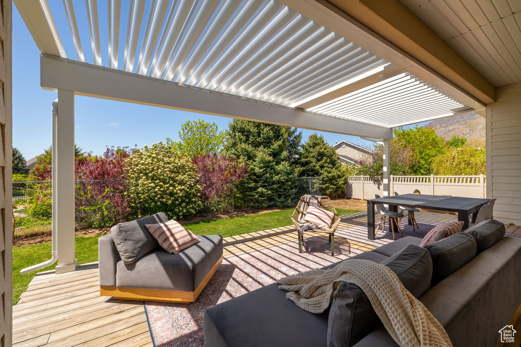 View of patio / terrace featuring a fenced backyard, an outdoor hangout area, and outdoor dining space