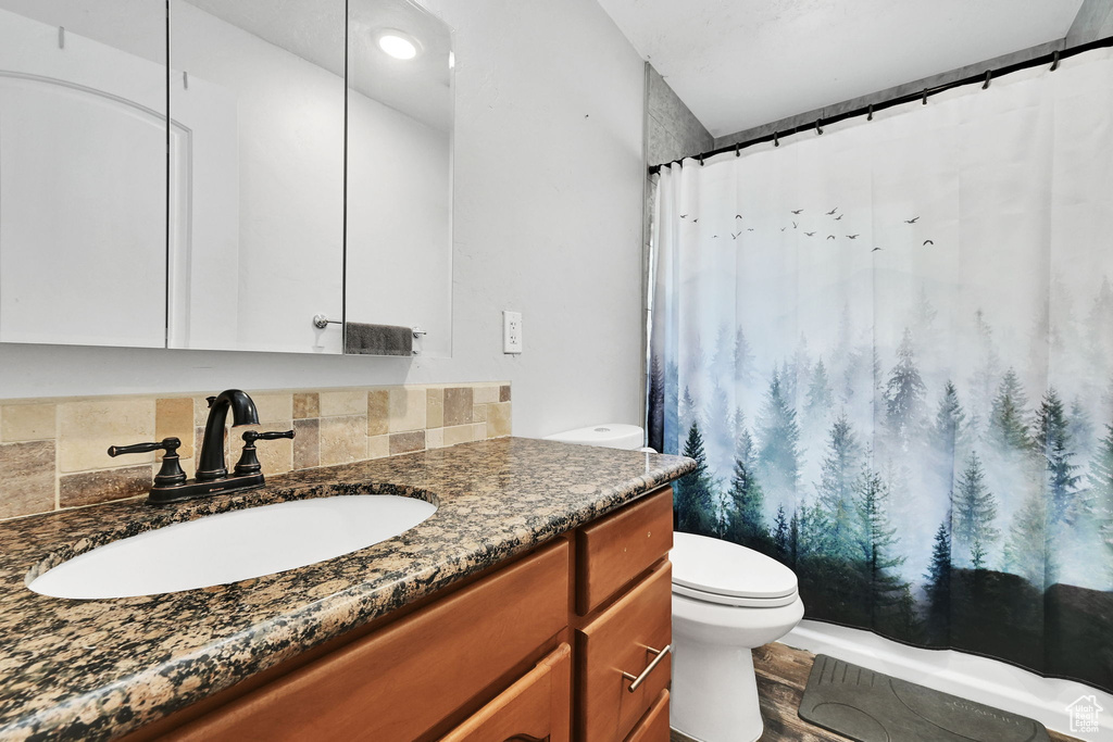 Full bathroom featuring toilet, vanity, a shower with shower curtain, and wood finished floors