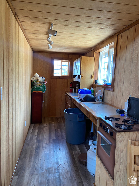 Interior space featuring wooden ceiling, wood walls, and wood-type flooring