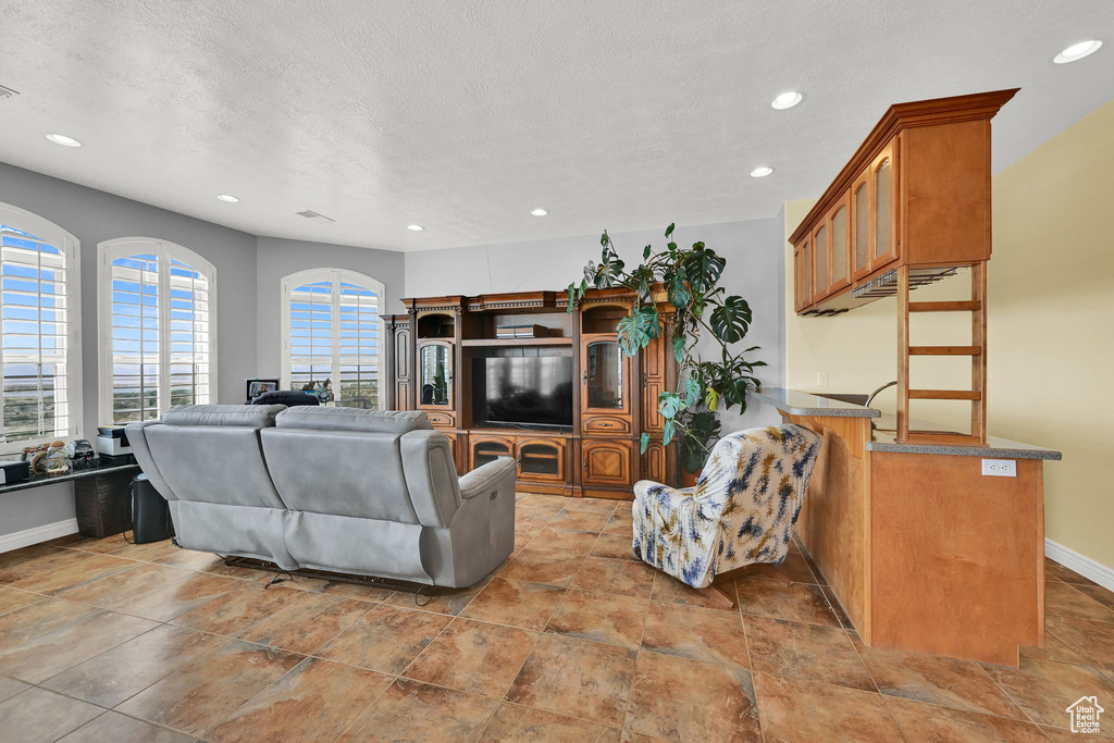 Living room with baseboards, stone finish flooring, recessed lighting, and a textured ceiling