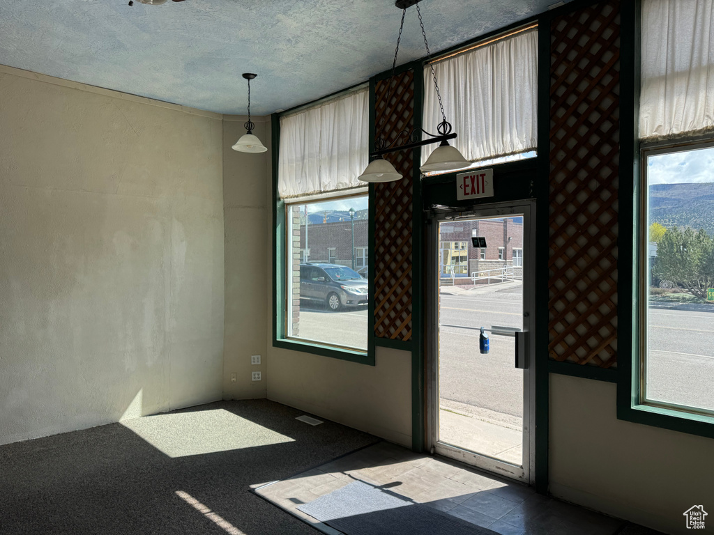 Unfurnished dining area with plenty of natural light and carpet