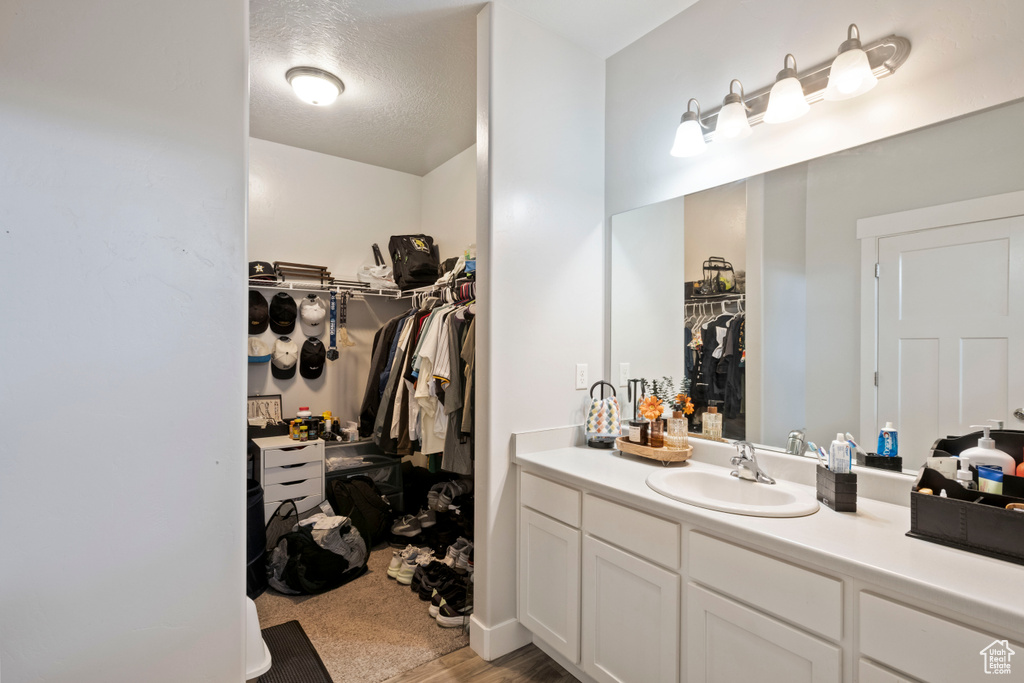 Bathroom with a walk in closet and vanity