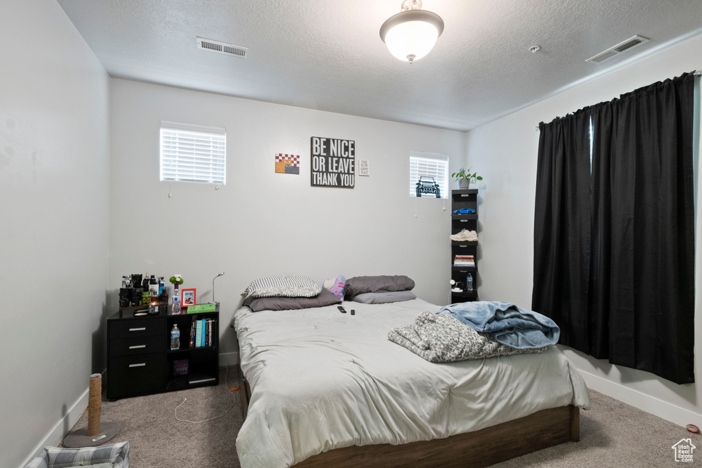 Carpeted bedroom with a textured ceiling and baseboards