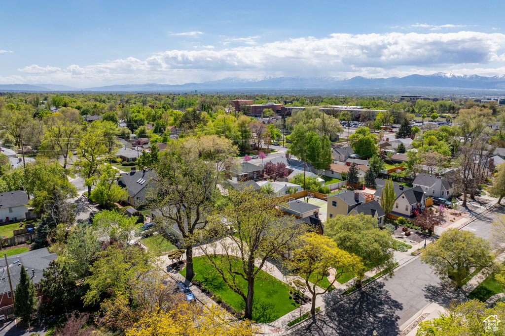 Aerial view of residential area with mountains