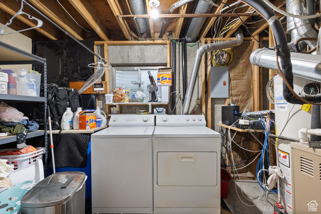 Laundry area with washing machine and dryer and electric panel