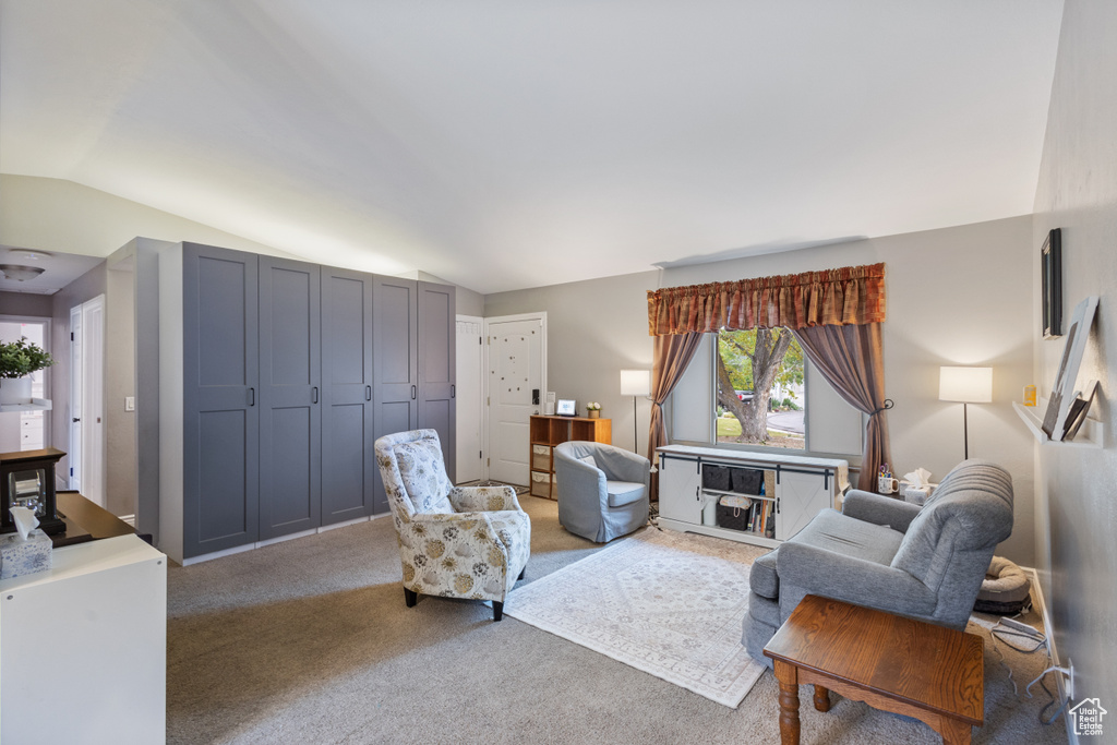 Carpeted living room featuring lofted ceiling