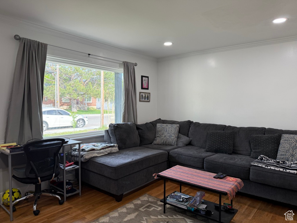 Living room with ornamental molding, wood finished floors, and recessed lighting