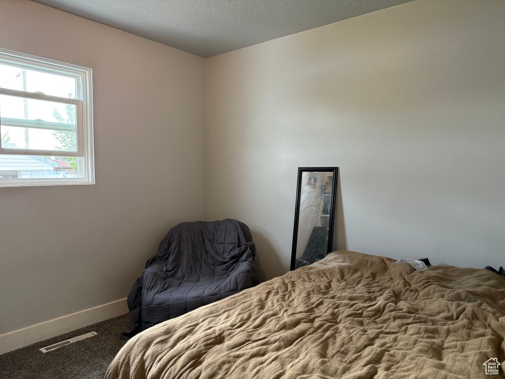 Carpeted bedroom featuring baseboards and a textured ceiling