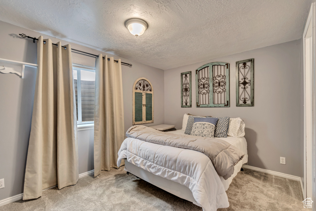 Bedroom featuring light colored carpet, a textured ceiling, and baseboards