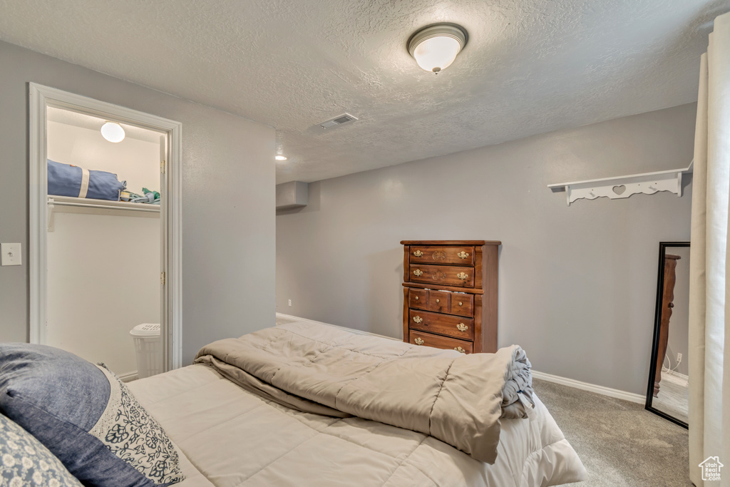 Bedroom featuring carpet floors, a textured ceiling, and baseboards
