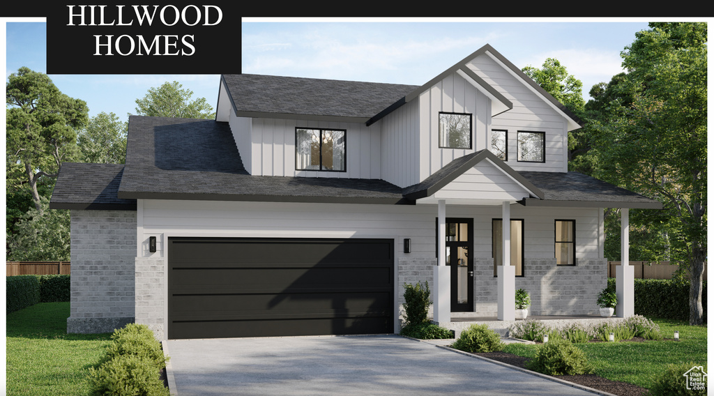 View of front of property featuring driveway, brick siding, board and batten siding, and fence