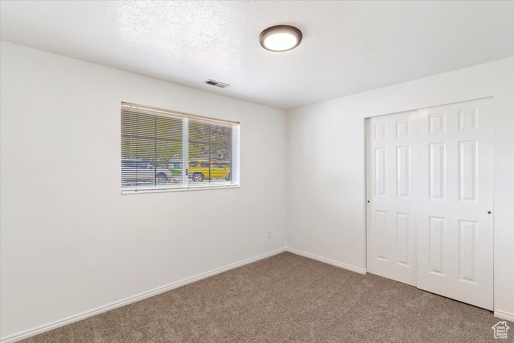 Unfurnished bedroom featuring carpet, a closet, baseboards, and a textured ceiling