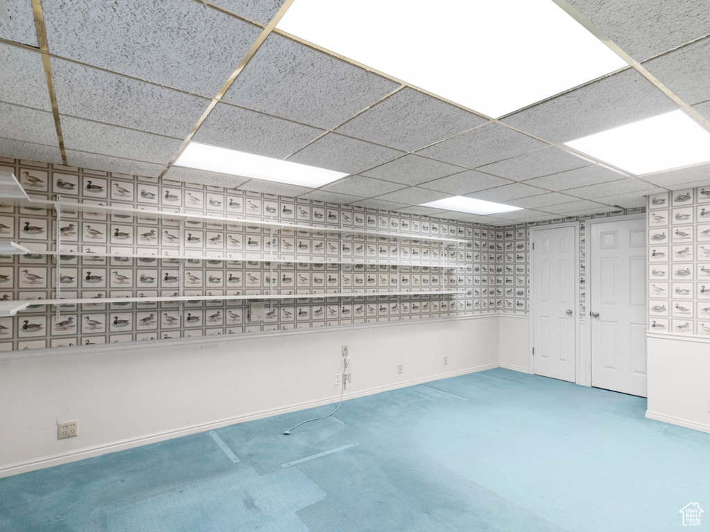 Spare room featuring a paneled ceiling, baseboards, and carpet flooring