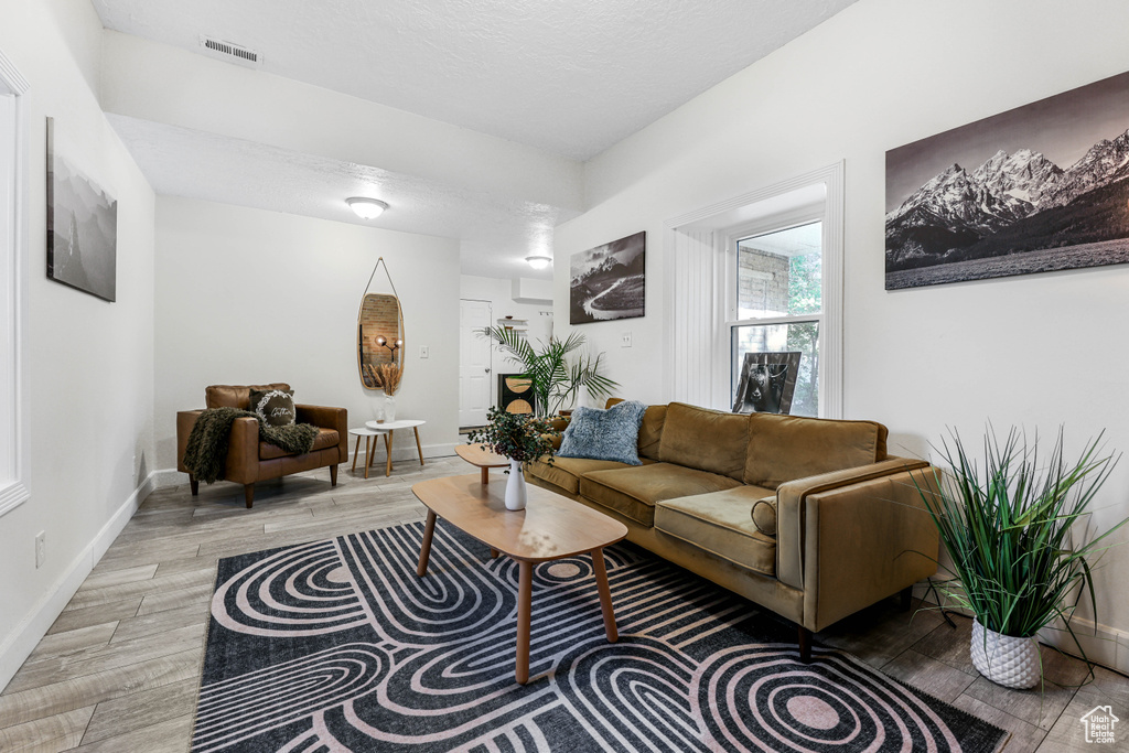 Living room with light wood-type flooring, baseboards, visible vents, and a textured ceiling