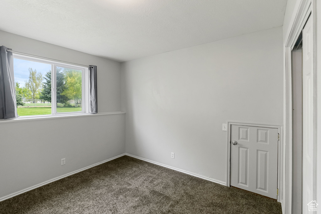 Empty room with dark colored carpet and baseboards
